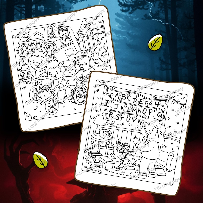 May include: Two black and white illustrations featuring cartoon pigs in scenes reminiscent of the TV show "Stranger Things." One shows pigs on bikes, the other a pig in a room with alphabet lights. The text "YELLOW POPPY" is visible.
