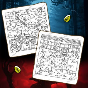 May include: Two black and white colouring pages featuring cartoon characters. One shows a pig playing a guitar on a vehicle, and the other depicts a pig fighting a monster with a weapon. The pages are set against a dark background.