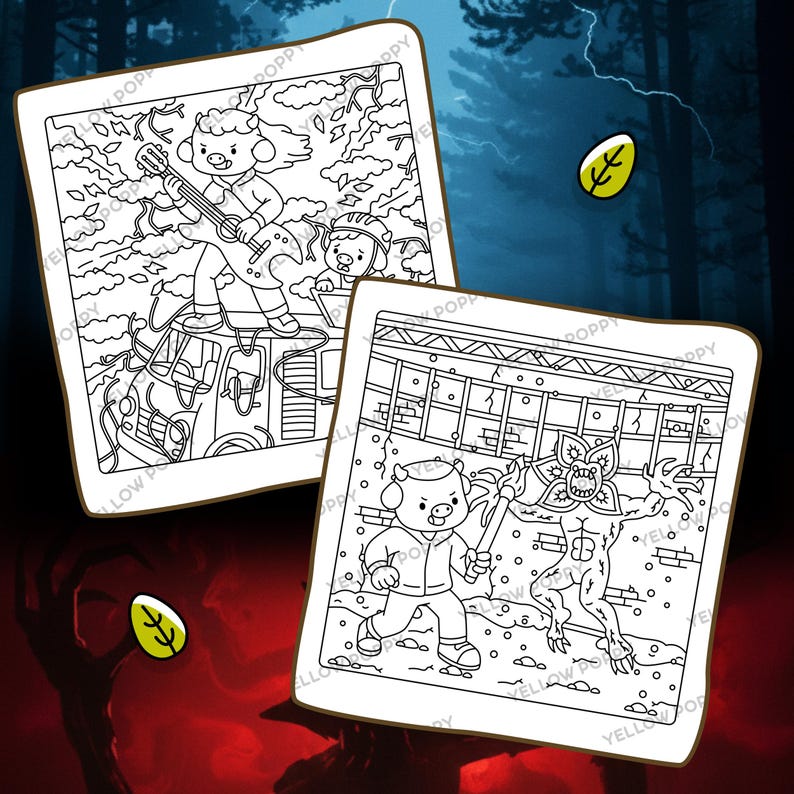 May include: Two black and white colouring pages featuring cartoon characters. One shows a pig playing a guitar on a vehicle, and the other depicts a pig fighting a monster with a weapon. The pages are set against a dark background.
