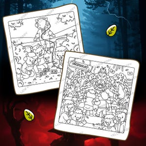 May include: Two black and white illustrations of cartoon characters in a forest setting. One shows characters near a tombstone, the other depicts a scene with the text "Starcourt". The illustrations are from Yellow Poppy.