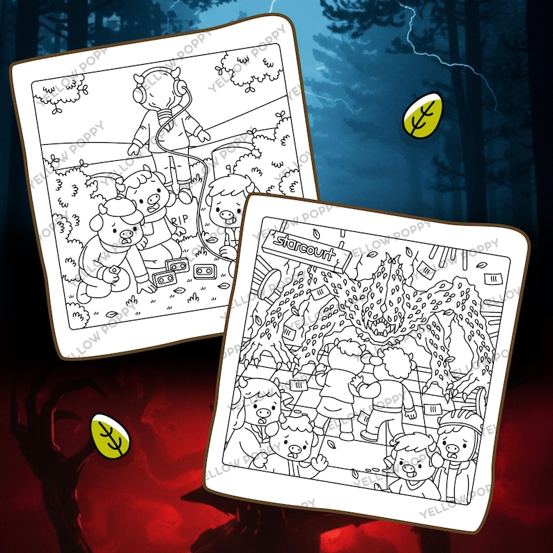 May include: Two black and white illustrations of cartoon characters in a forest setting. One shows characters near a tombstone, the other depicts a scene with the text "Starcourt". The illustrations are from Yellow Poppy.