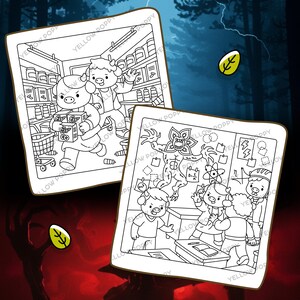 May include: Two black and white illustrations of cartoon characters in a grocery store and a classroom setting. One shows characters running with groceries, the other depicts a monster and students. The text "YELLOW POPPY" is visible.