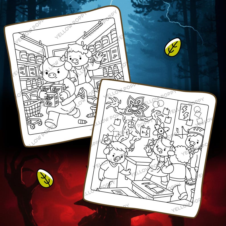 May include: Two black and white illustrations of cartoon characters in a grocery store and a classroom setting. One shows characters running with groceries, the other depicts a monster and students. The text "YELLOW POPPY" is visible.