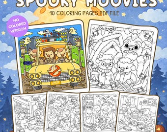 Películas de terror: páginas para colorear adorables y acogedoras - 10 páginas de descarga digital instantánea - Celebra momentos inspirados en películas y ambiente de Halloween