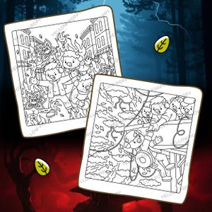 May include: Two square coloring pages with cartoon characters in action scenes. One shows characters in a burning building, the other depicts characters in a treehouse setting. The pages are outlined in black and white.