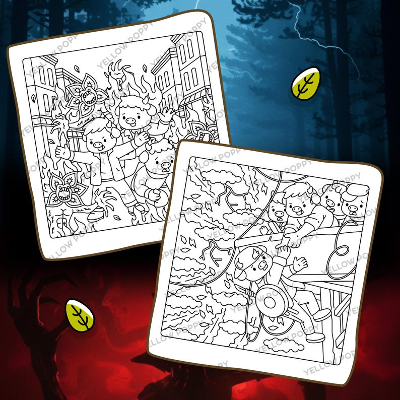 May include: Two square coloring pages with cartoon characters in action scenes. One shows characters in a burning building, the other depicts characters in a treehouse setting. The pages are outlined in black and white.