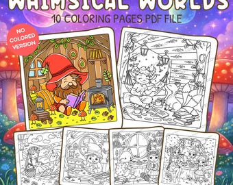 Mundos Fantásticos - Páginas para Colorear - Descarga Instantánea en PDF - Hogares de Hadas Místicas, Criaturas Mágicas