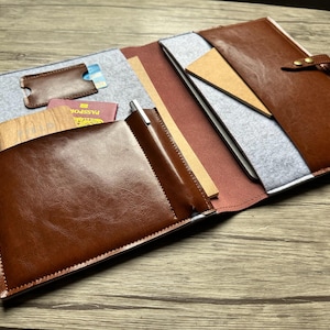 Leather Portfolio Organizer Personalized A4 Tablet Sleeve Felt Folder Case