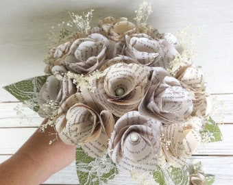 Book Page Flower Bouquet: Paper Flowers & Boutonniere, Lace Ribbon Wrap
