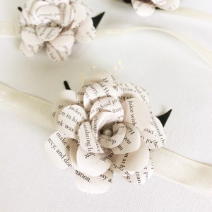 Book Corsage, Wrist Corsage, Book Page Flower, Book Page Wrist Corsage, Rustic Wrist Corsage, Paper Rose, Eco Wedding ITEM:TPG33 image 1