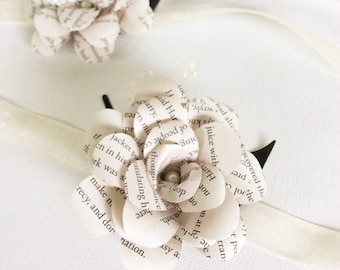 Book Corsage, Wrist Corsage, Book Page Flower, Book Page Wrist Corsage, Rustic Wrist Corsage, Paper Rose, Eco Wedding (ITEM:TPG33)