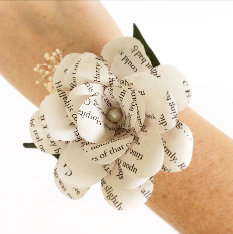 Book Corsage, Wrist Corsage, Book Page Flower, Book Page Wrist Corsage, Rustic Wrist Corsage, Paper Rose, Eco Wedding ITEM:TPG33 image 2