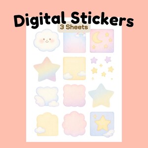 May include: Digital stickers featuring pastel illustrations of clouds, stars, and moons. The stickers are in various shapes, including squares and cloud-like forms. The text "Digital Stickers" and "3 Sheets" are displayed at the top.