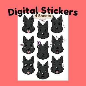Adesivos digitais kawaii em tons pastel aquarela com um cachorro Scottish Terrier. Imagens PNG para anotações no Goodnotes, iPad, Notability, scrapbook e planners.
