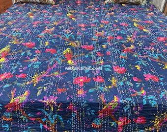 Edredón Kantha floral indio hecho a mano, manta reversible, cubrecama de tela de algodón, edredón boho chic, ropa de cama, cubrecamas, regalo para ella.