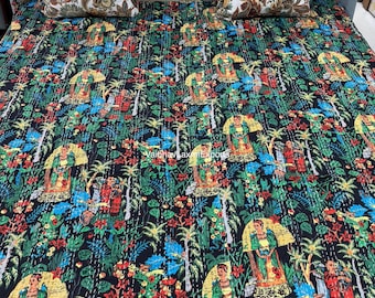 Colcha hecha a mano para decoración de cama estilo boho, colcha kantha, funda de cama india, colcha antigua de algodón, manta decorativa