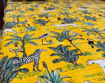 Beautiful Printed Cotton Quilted Blanket Handmade Bedspread Kantha Work Bohemian Home Decor Throw Blanket