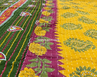 Indian Vintage Cotton Kantha Quilts Handmade Sari Kantha Throw Blankets Sun Dance Beautiful Bohemian Bedding Blankets