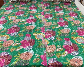New Print Kantha Quilt Indian Handmade Throw Reversible Blanket Bedspread Cotton Fabric BOHEMIAN boho quilt chic bedding coverlets, 90*108