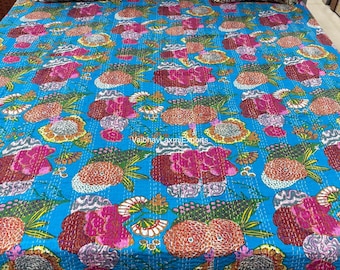 Indian Kantha Quilt King Handmade Kantha Bed Cover Throw Reversible Blanket Bedding Pure Cotton Throw