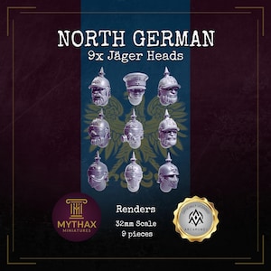 May include: An image of nine North German Jäger heads, rendered at 32mm scale. The text reads "NORTH GERMAN" and "9x Jäger Heads". The product is from Mythax Miniatures and is officially licensed by Arcamundi. The image also states "9 pieces".