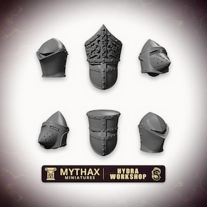 Medieval Knight Helm Heads x6 - 32mm Resin Kitbash Bits - Grimdark Trench Proxy - Set #131
