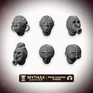 Voodoo Tribal Mask Heads x6 - 32 mm Resin Kitbash Bits - Grimdark Trench Proxy - Set #030