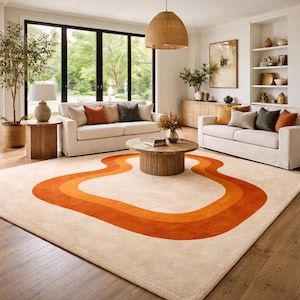 Modern Abstract Cream & Orange Area Rug, Wavy Pattern Minimalist Carpet, Contemporary Handmade Look Rug, Living Room Bedroom Decor