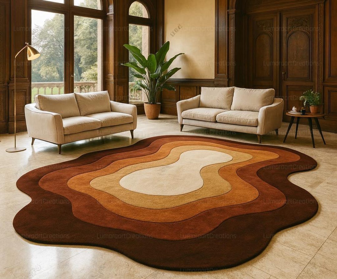 Retro Wave Abstract Rug – 70s Inspired Wavy Carpet in Brown & Beige ...