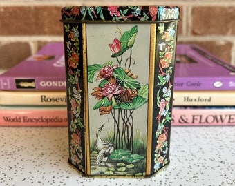 Vintage CHC Art Nouveau Elegante Garzetta Lily Pad Tea Tin, Gru a Tema Asiatico con Ninfee Scatola di Metallo