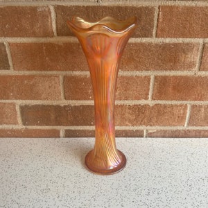 11 inch Mid-Century Large Marigold Orange Iridescent Carnival Art Glass Swung Vase, MCM Glass Vase Gift