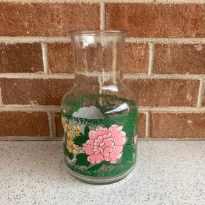 Vintage Floral Glass Juice Carafe Pitcher, Kig Indonesia 9inch, Vintage Orange Juice Carafe