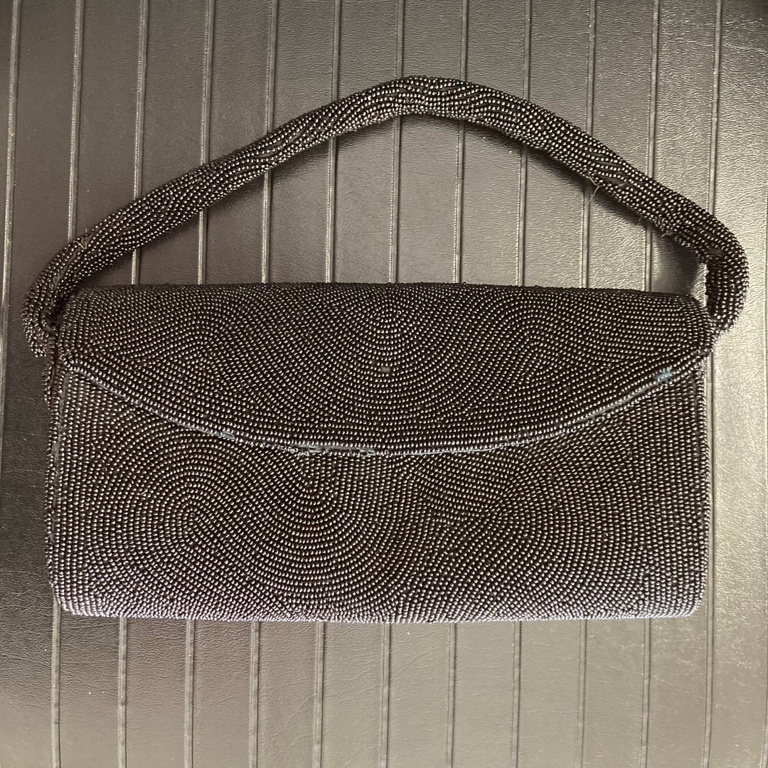 Vintage Bag by Josef Black Beaded Evening Clutch Handled Purse, Hand