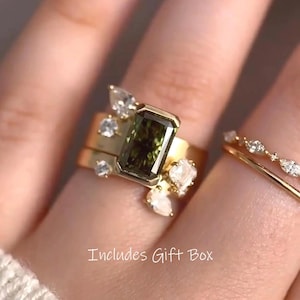 Verstellbare Olivgrün Smaragd Cut Ring Set, 14K vergoldete Messing, stapelbar Statement Schmuck
