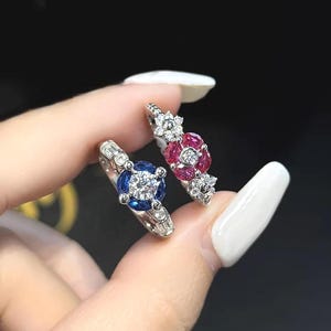 Ruby and Blue Spinel Ring 925 Sterling Silver Gold Plated Vintage Halo Statement Ring