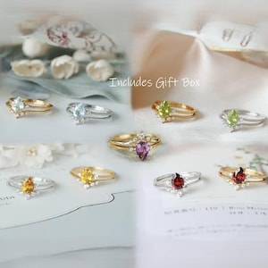 2-in-1 Crown Ring Set, Gold Plated Silver Pear Gemstone Stacking Ring