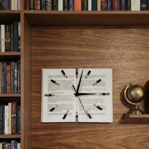 May include: A unique wall clock made from an open book, with pencils marking the hours. The clock hands are black, and the pencils are arranged around the clock face. The clock is mounted on a wooden wall, with bookshelves in the background.