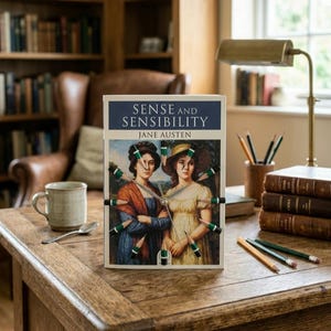Op de afbeelding: Een rechthoekige wandklok met de boekomslag van Sense and Sensibility van Jane Austen. De wijzerplaat toont een schilderij van twee vrouwen, met twaalf groene en zwarte potloden als uurmarkeringen en zilverkleurige wijzers in het midden.