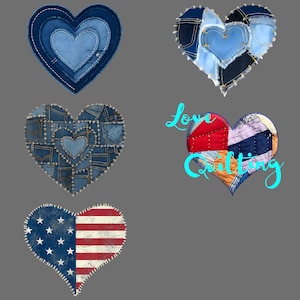 May include: Five heart-shaped designs, each crafted from denim and fabric patches. One heart features the American flag. The phrase "Love Quilting" is written in turquoise script on one heart. The hearts vary in shades of blue, red, and white.
