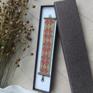 Gold and Red Auseklis Symbol Beaded Bracelet, Wide Gold Morning Star Folk Pattern Loom Bracelet, Traditional Baltic Symbol Jewelry