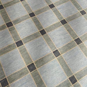May include: A close-up view of a patterned rug. The rug features a grid design with light blue squares, bordered by olive green and tan lines. Dark blue squares are at the intersections of the grid lines. The rug has a textured appearance.