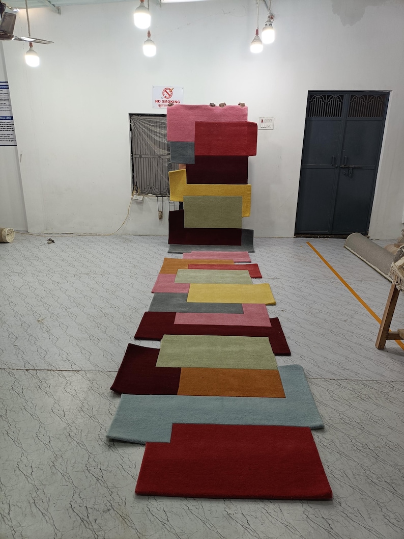 Runner Rugs: Rainbow Color Hand Tufted Modern Geometric Rug