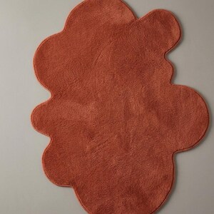 May include: A terracotta-colored rug with an irregular, organic, cloud-like shape. The surface of the rug features a dense, textured pile with a consistent matte finish throughout, creating a soft appearance across the entire surface area.