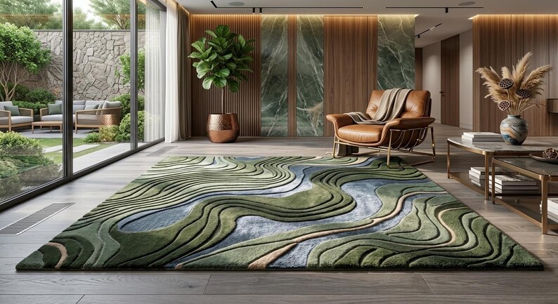 Abstract Topographic Hand Tufted Wool Rug, Green Blue Contour Carpet ...