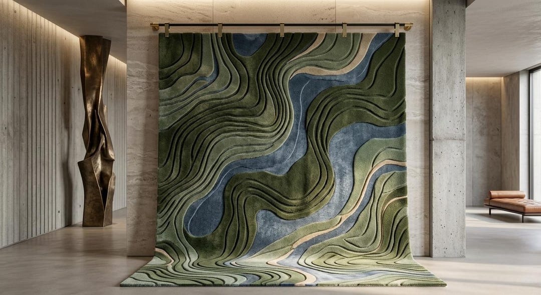 Topography Rug Pattern Abstract Topographic Hand Tufted Wool Rug, Green Blue Contour Carpet ...