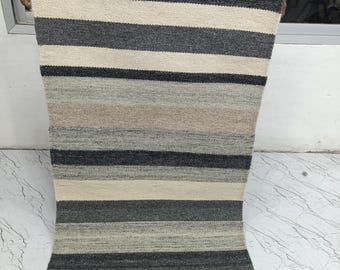 Hand Woven Wool Area Rug: Scandinavian Flatweave, Geometric Design Carpet for Livingroom