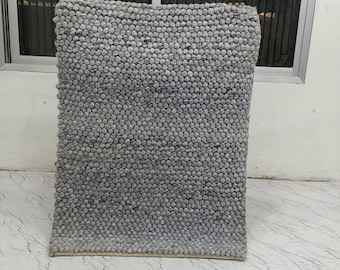 Chunky Wool Bobble Rug, Grey Melange Hand-Tufted Pebble Area Rug, Cozy Modern Decor