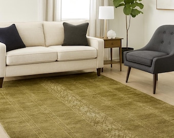 Knotted Oushak Rug: Dark Green Colour Modern Oushaks Rugs 9x12, 8x10, 8x11, Knitted Carpet