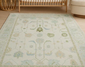 Hand Knotted Wool Oushak Rug, Pastel Turkish Floral Carpet Traditional Handmade Area Carpet