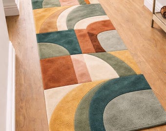 Hand Tufted Runner Rug, Modern Abstract Geometric Wool Carpet, Mid Century Hallway Runner, Entryway Kitchen Runner 2x6, 2x8, 2.5x10